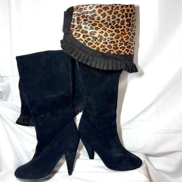 Hot In Hollywood-Black Leather Over Knee 4" Heels-Cheetah Print Inside-Ruffle-6M - Picture 4 of 16